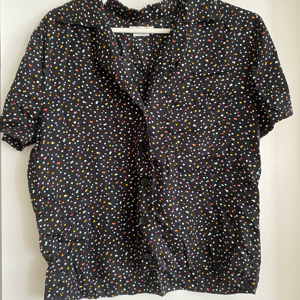 Reformation navy with rainbow polka dot short sleeve + shorts pajama set, size S